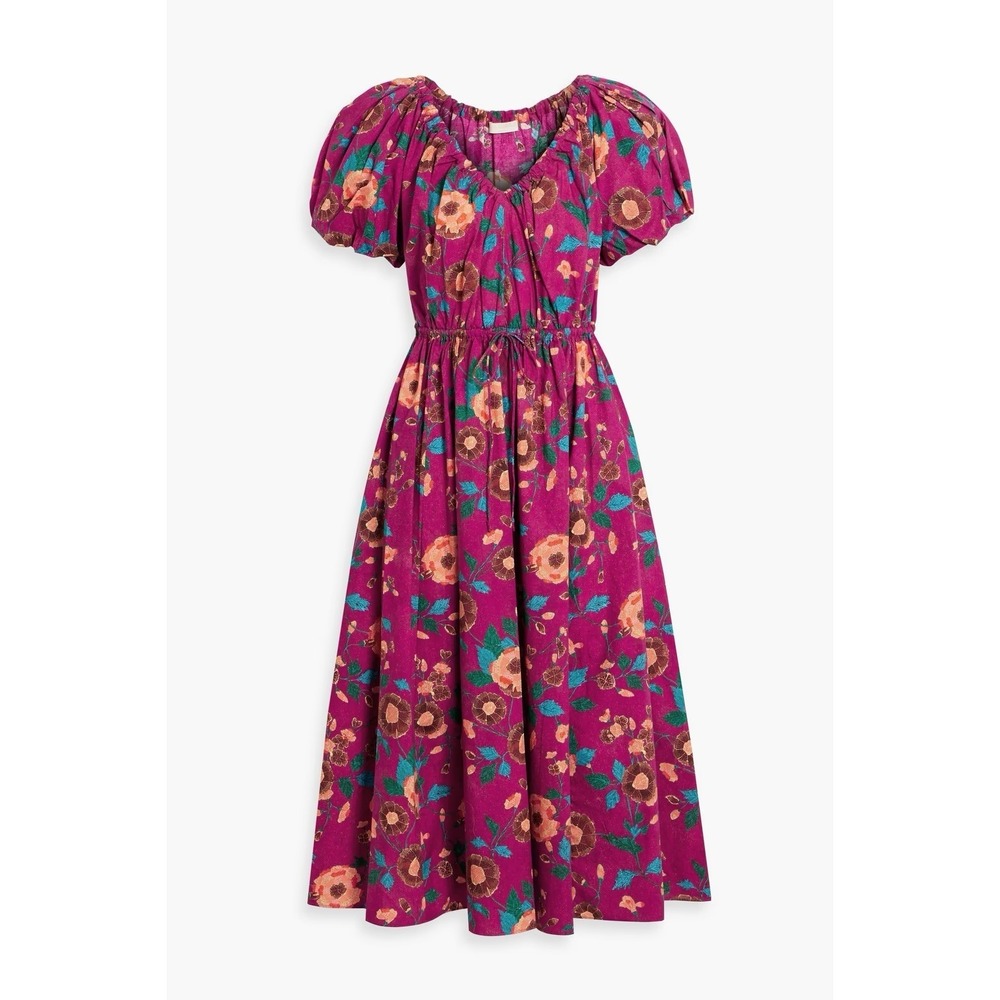Ulla Johnson Vika Midi Dress Size 2 Ruby Floral Cotton Poplin Puff Sleeve NWT - Picture 3 of 14